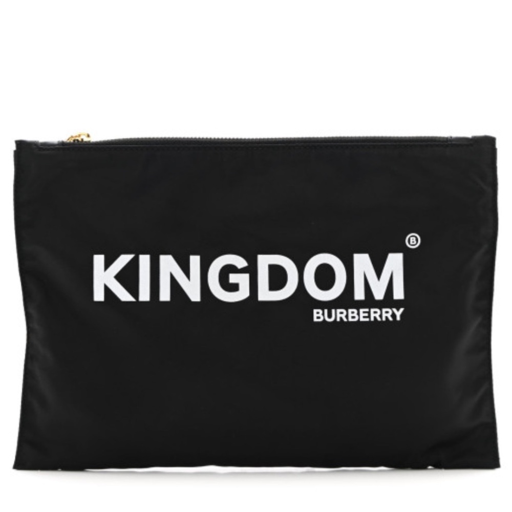 Burberry Kingdom Medium Logo Flat Nylon Top Zip Clutch/Pouch in black/white EUC